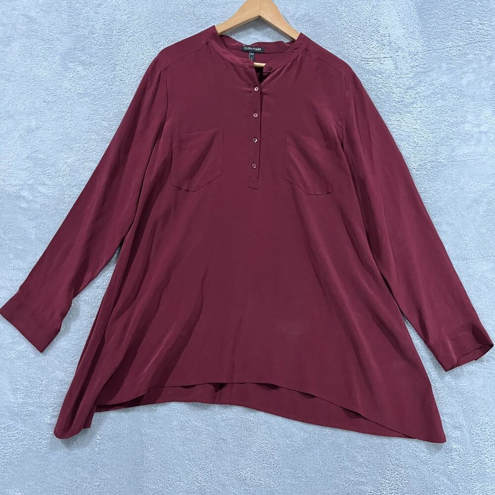 Eileen Fisher Blouse Womens Large 100% Silk Long Sleeve Button‎ Burgundy
